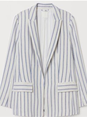Light Blue White Stripe Linen-Blend Blazer - H&M